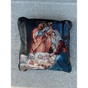 Vintage Tapestry Pillow Nativity Scene Mary Joseph Jesus Holy Family‎ Christmas